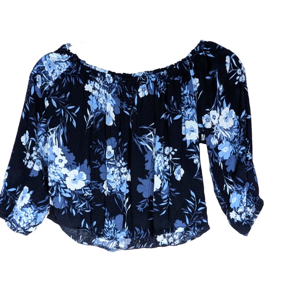 Hollister Tops - Hollister Womens Blue Floral Boho Prairie Peasant Cropped Off Shoulder Top Med